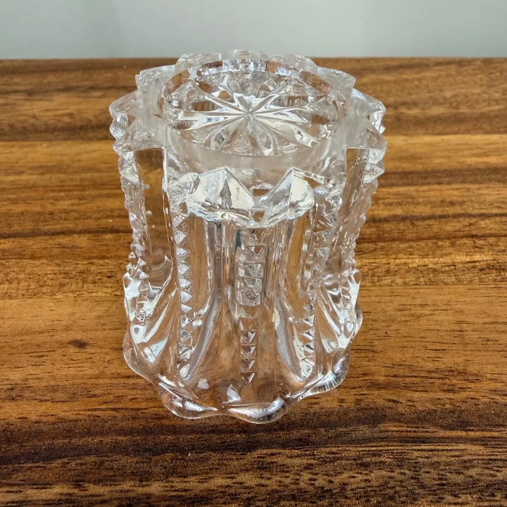Antique ABP Cut Glass Toothpick Holder Zipper Pattern Scalloped Starburst Base